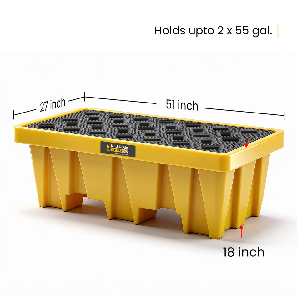 2-Drum Spill Containment Pallet – 51" x 27" x 18" Tall Sump HDPE Drum Containment, Yellow