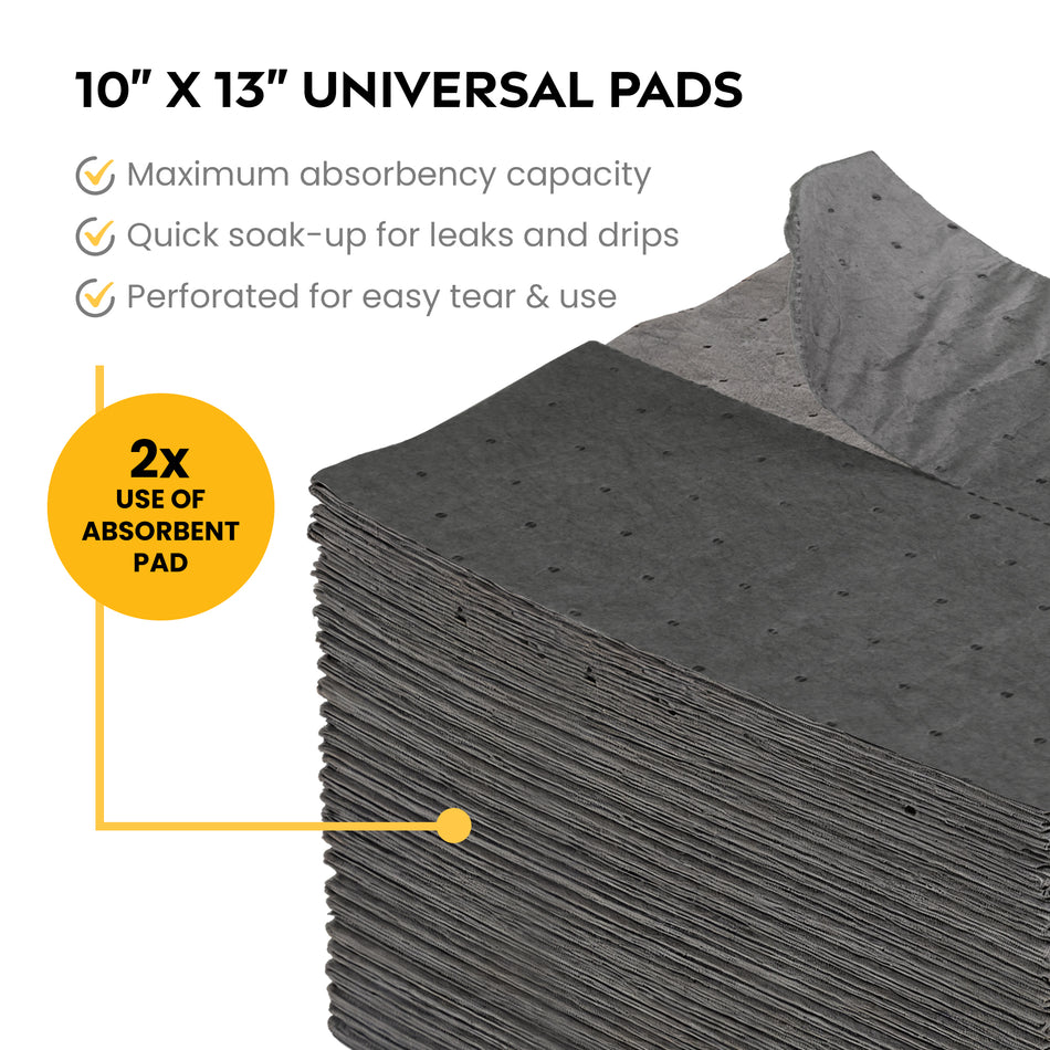 Universal Absorbent Pads 10in x 13in 100-Pack | Grey Industrial Sorbent Pads for Oil, Coolant & Water | 3mm