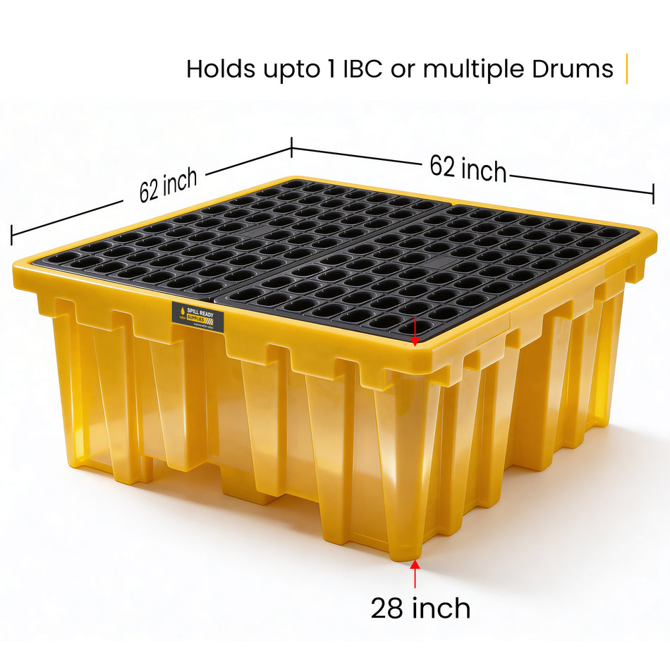 IBC Spill Containment Pallet – 62" x 62" x 28" Tote Containment Basin for One IBC or Multiple Drums, Yellow