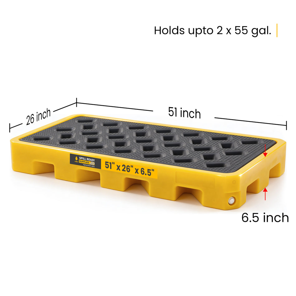 2-Drum Spill Containment Workstation – 51" x 26" x 6.5" Low-Profile Drum Work Deck, HDPE, Yellow