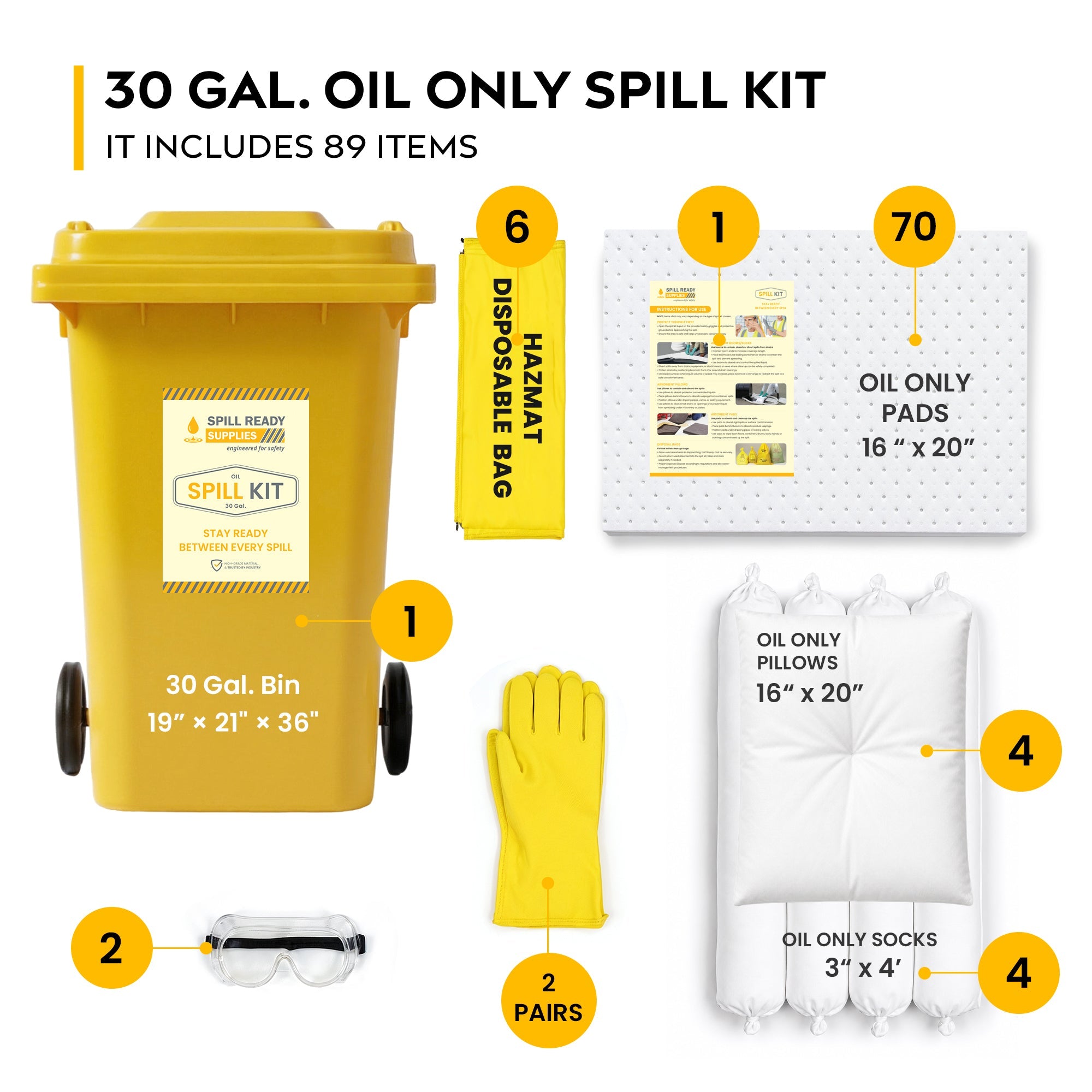 Oil Spill Kit 30 Gallon Wheeled Bin White