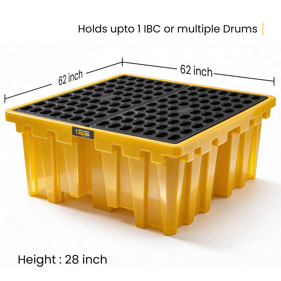IBC Spill Containment Pallet – 62" x 62" x 28" Tote Containment Basin for One IBC or Multiple Drums, Yellow