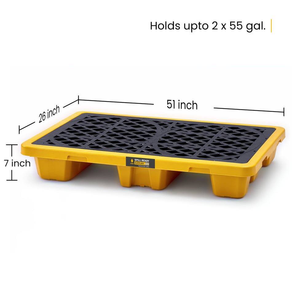 2-Drum Spill Containment Pallet, HDPE, 16 Gal. Sump Capacity, Yellow