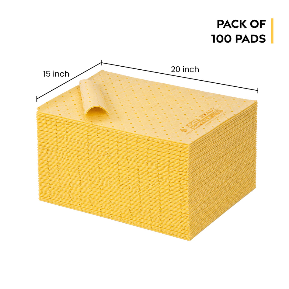 Chemical Absorbent Mat Pad - 3mm 15" W x 20" L | 100 Pack | Yellow | DISPENER BOX