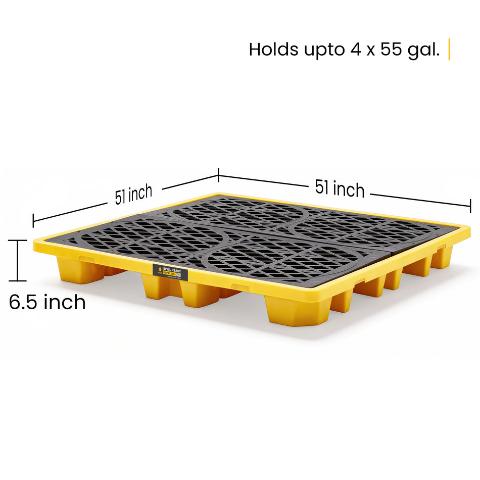 4-Drum Spill Containment Pallet - 52" x 52" x 7" Low-Profile 28 Gal. Sump up, HDPE Drum Spill Deck, Yellow