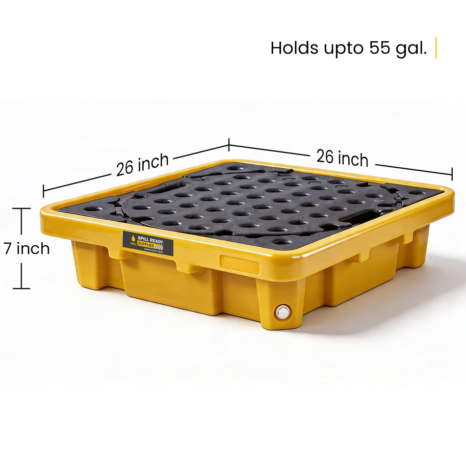 Single Drum Spill Containment Workstation - 26" x 26" x 7" Low-Profile 12 Gal. Sump Capacity, Spill Pallet for 55-Gallon Drum, HDPE, Yellow