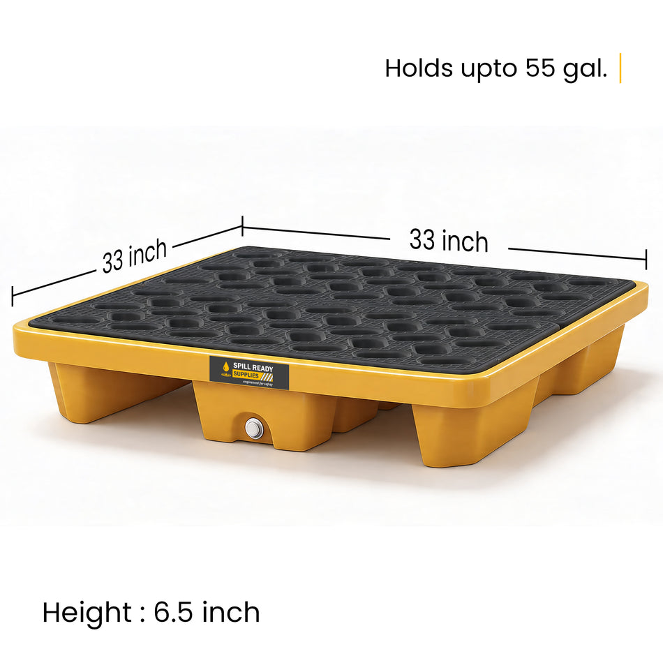 Single Drum Spill Containment Pallet with Forklift Pockets – 33" x 33" x 6.5" Low-Profile HDPE Spill Deck, Yellow