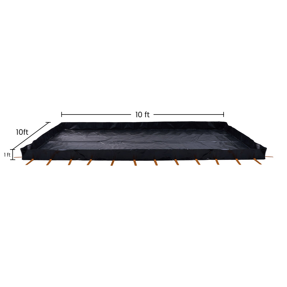 L-Bracket Spill Containment Berm, 30oz PVC Coated| 10' x 10' x 12inch | 3/4"-1" Drain | Black | Drive Over