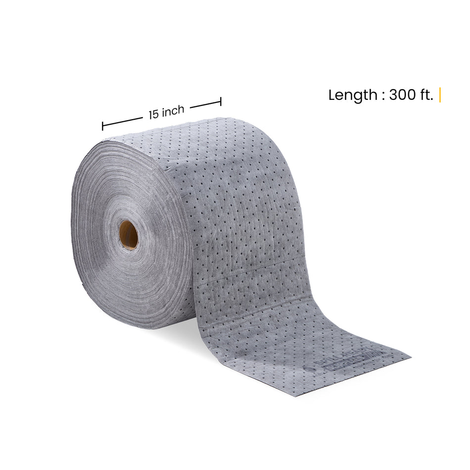Spill Ready Universal Absorbent Mat Roll 15" x 300' - Perforated Industrial Sorbent Roll for Oil, Coolant & Water Spills - Grey Maintenance Runner