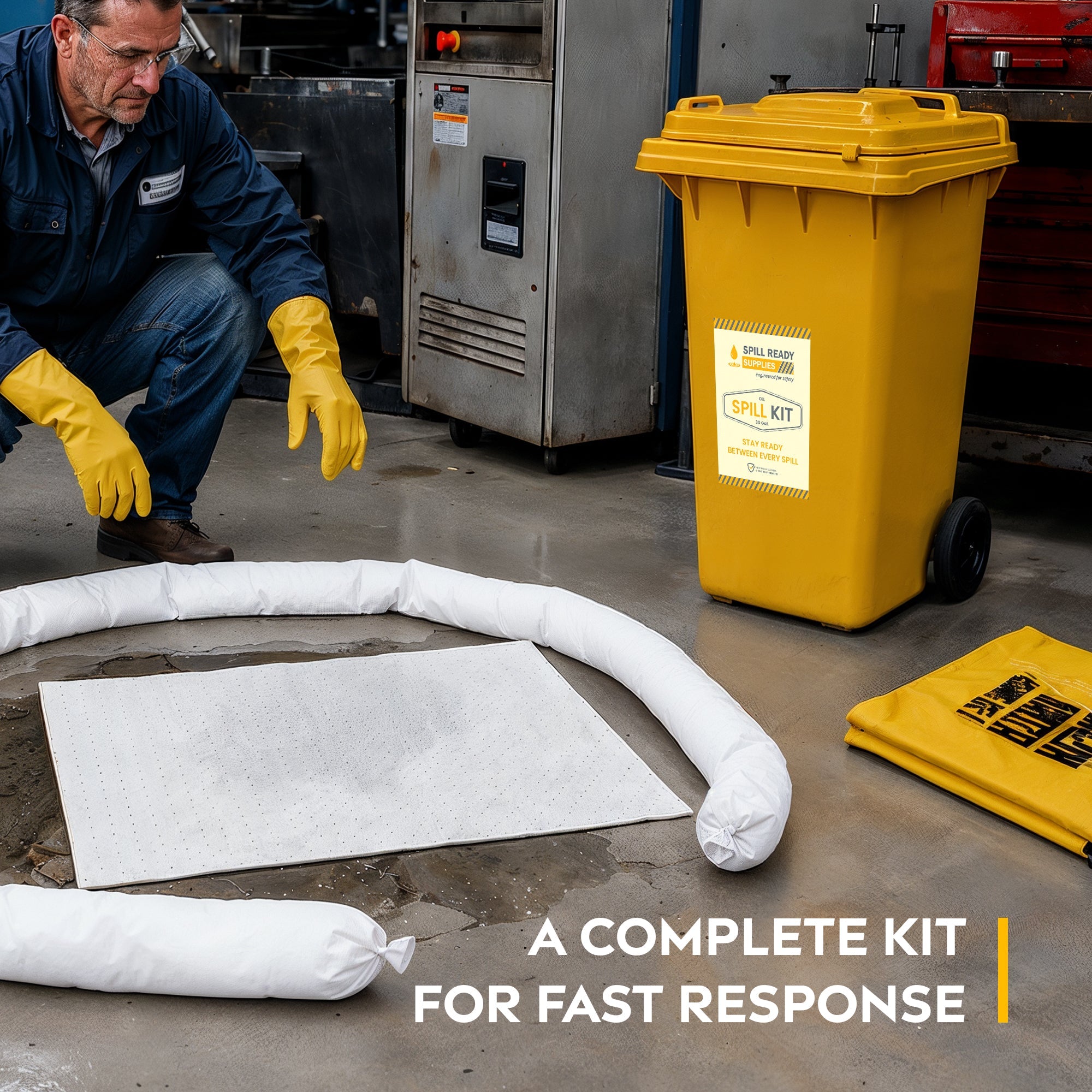 Oil Spill Kit 30 Gallon Wheeled Bin White