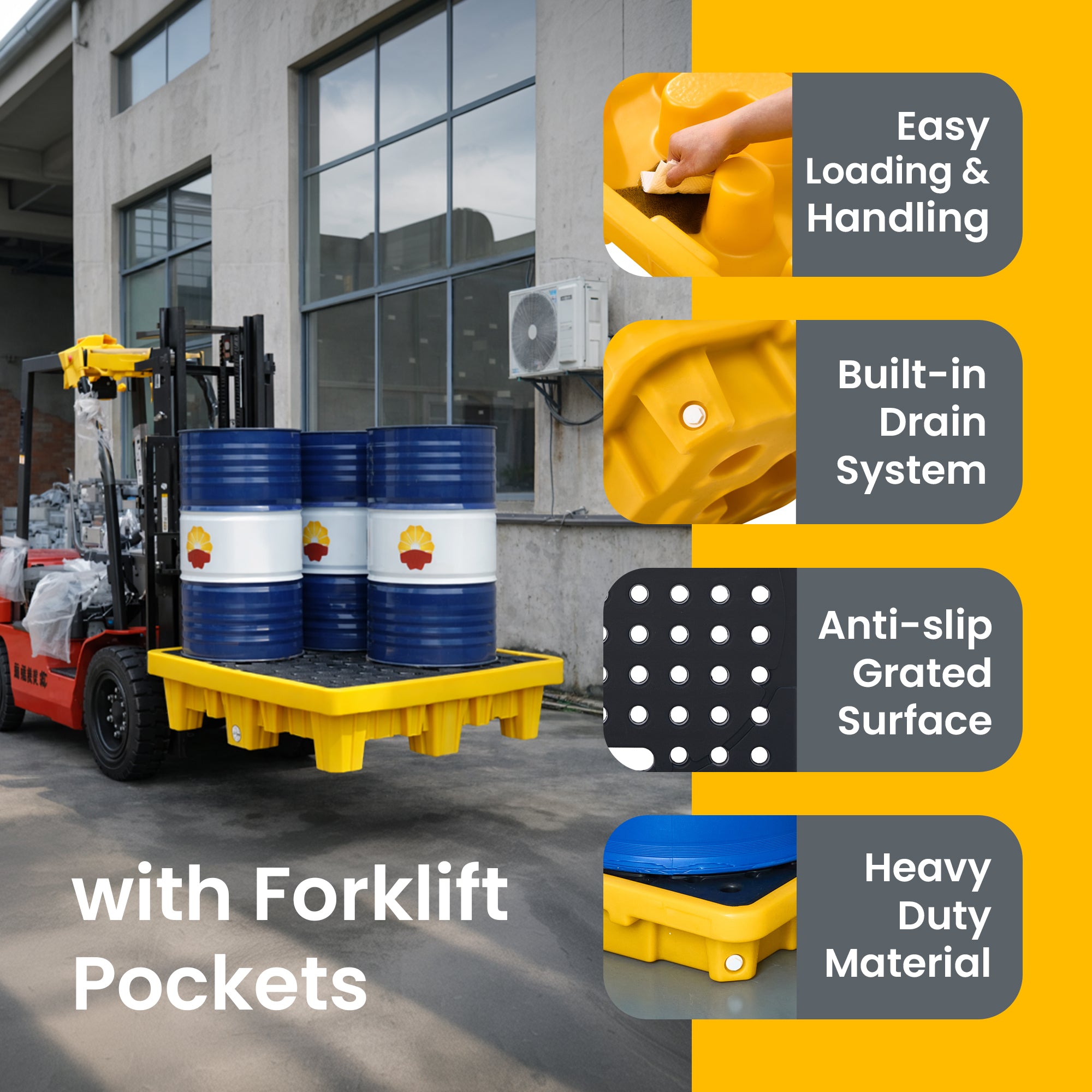 4-Drum High-Capacity Spill Containment Pallet HDPE Yellow