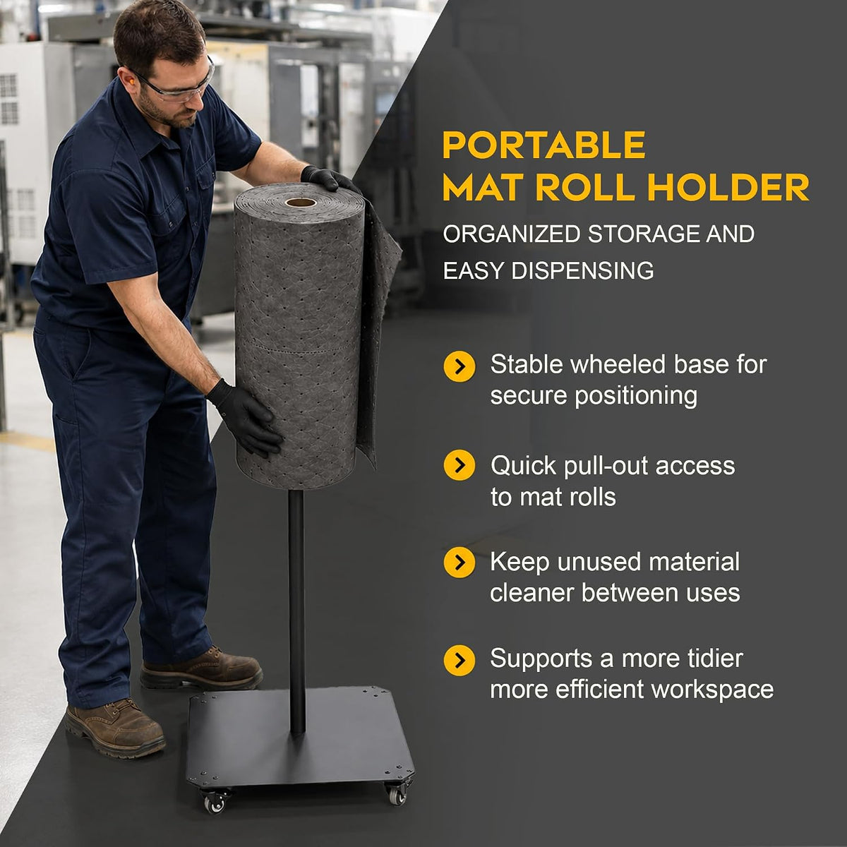 Mobile sorbent roll dispenser, steel stand with casters, for 30 in absorbent rolls – image 7