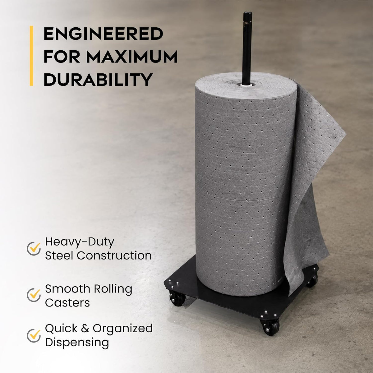 Mobile sorbent roll dispenser, steel stand with casters, for 30 in absorbent rolls – image 3