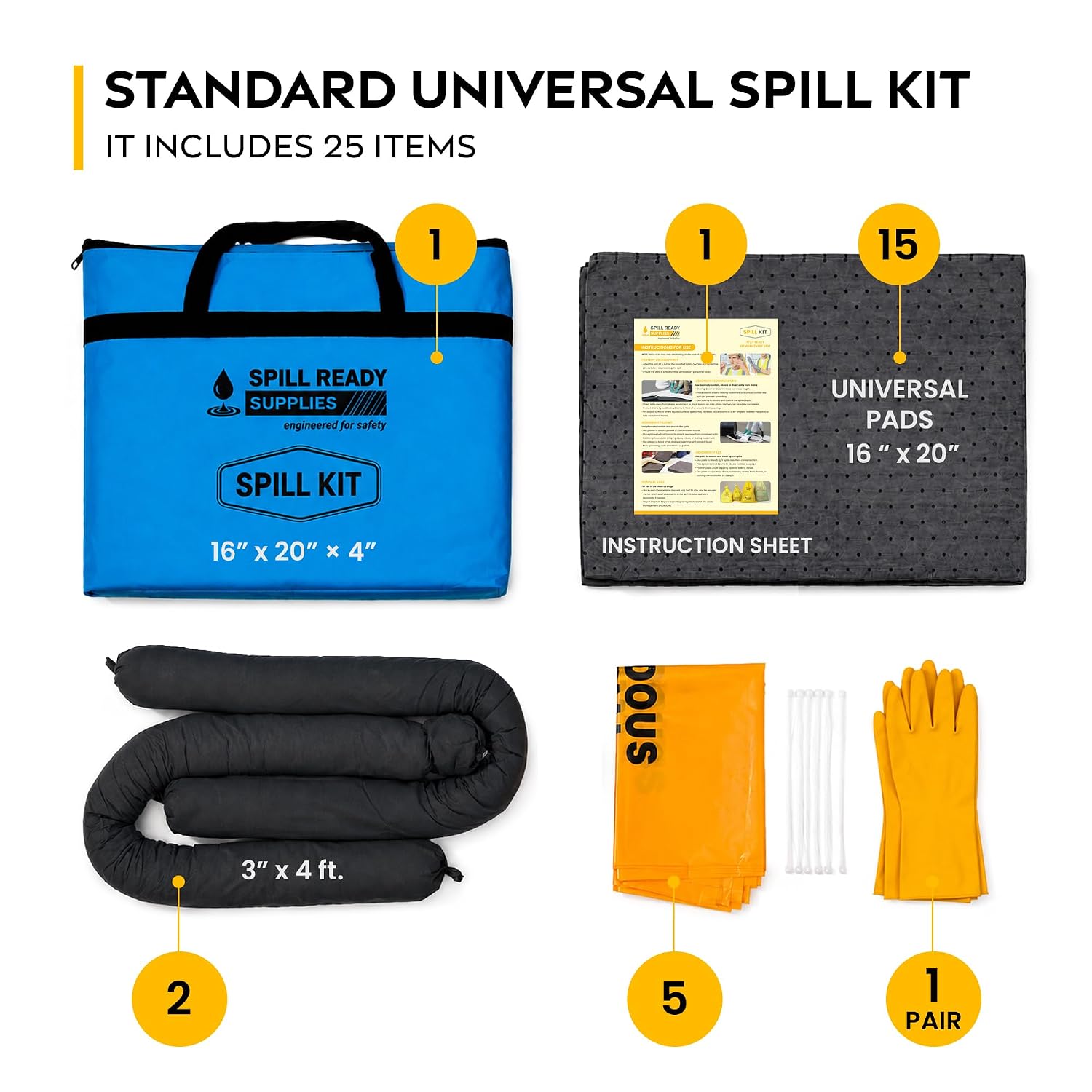 Universal Spill Kit 25-Piece – kit contents laid out