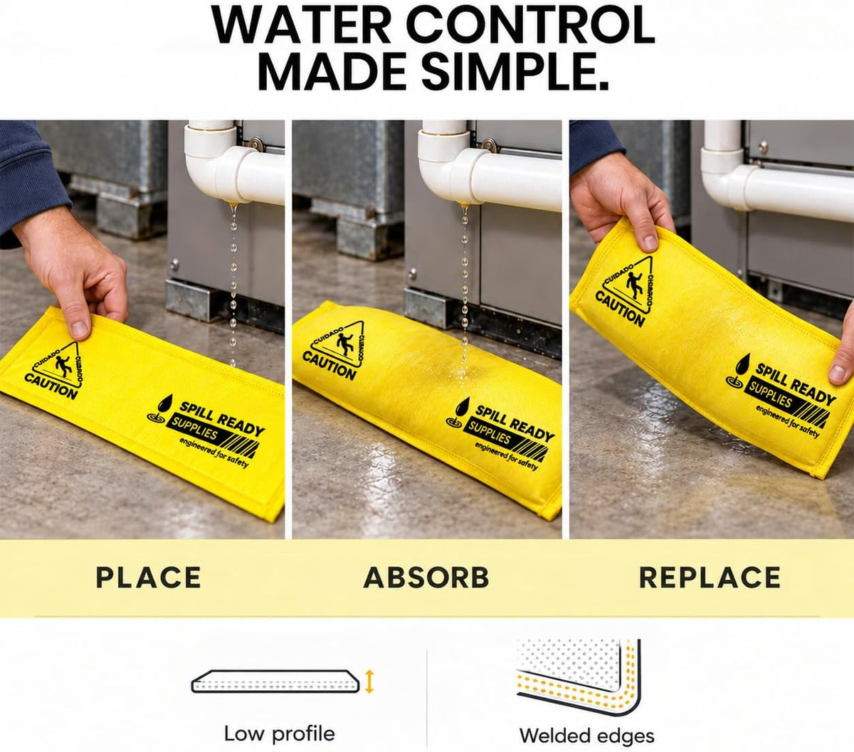 Water absorbing strip low-profile construction