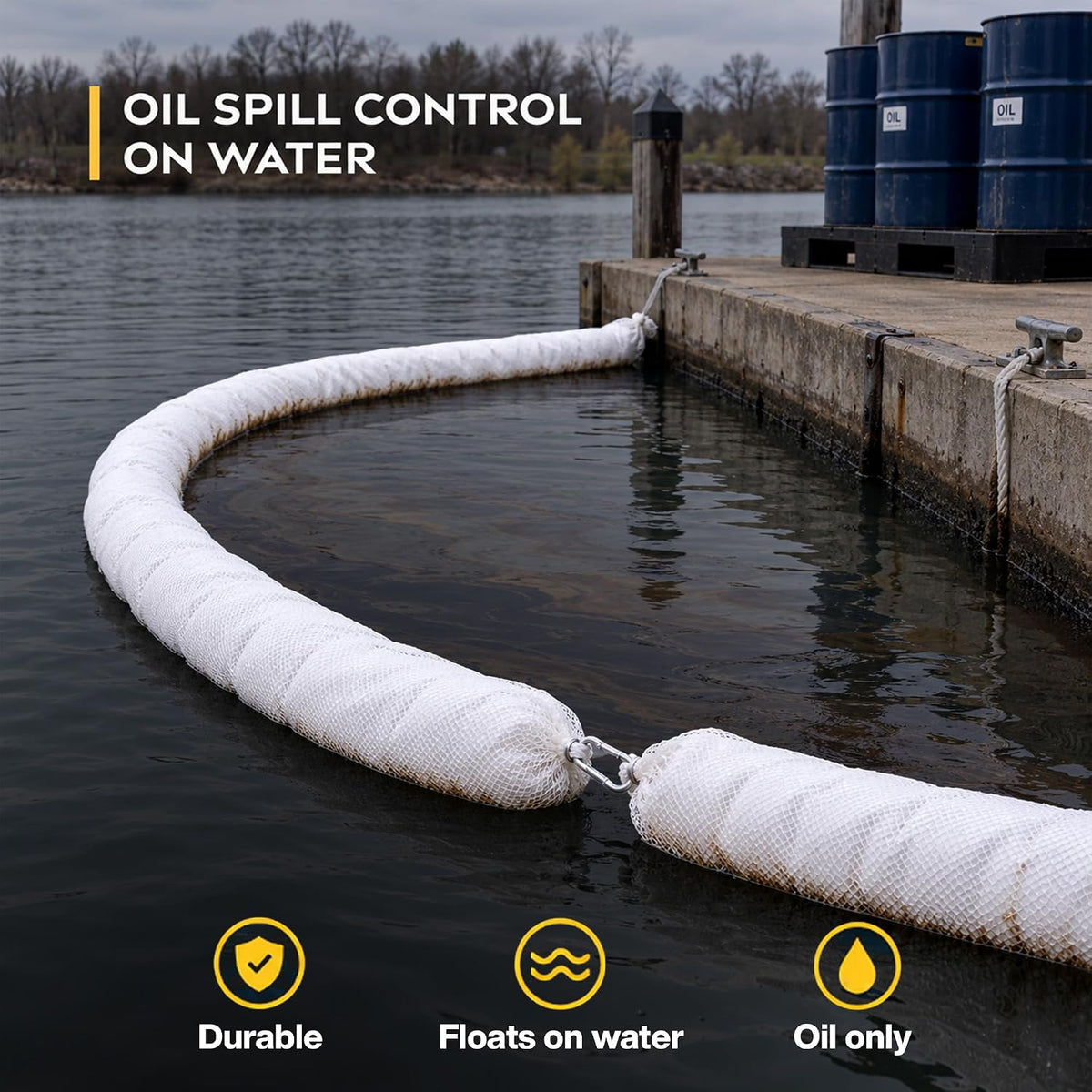 Oil absorbent boom containing a spill
