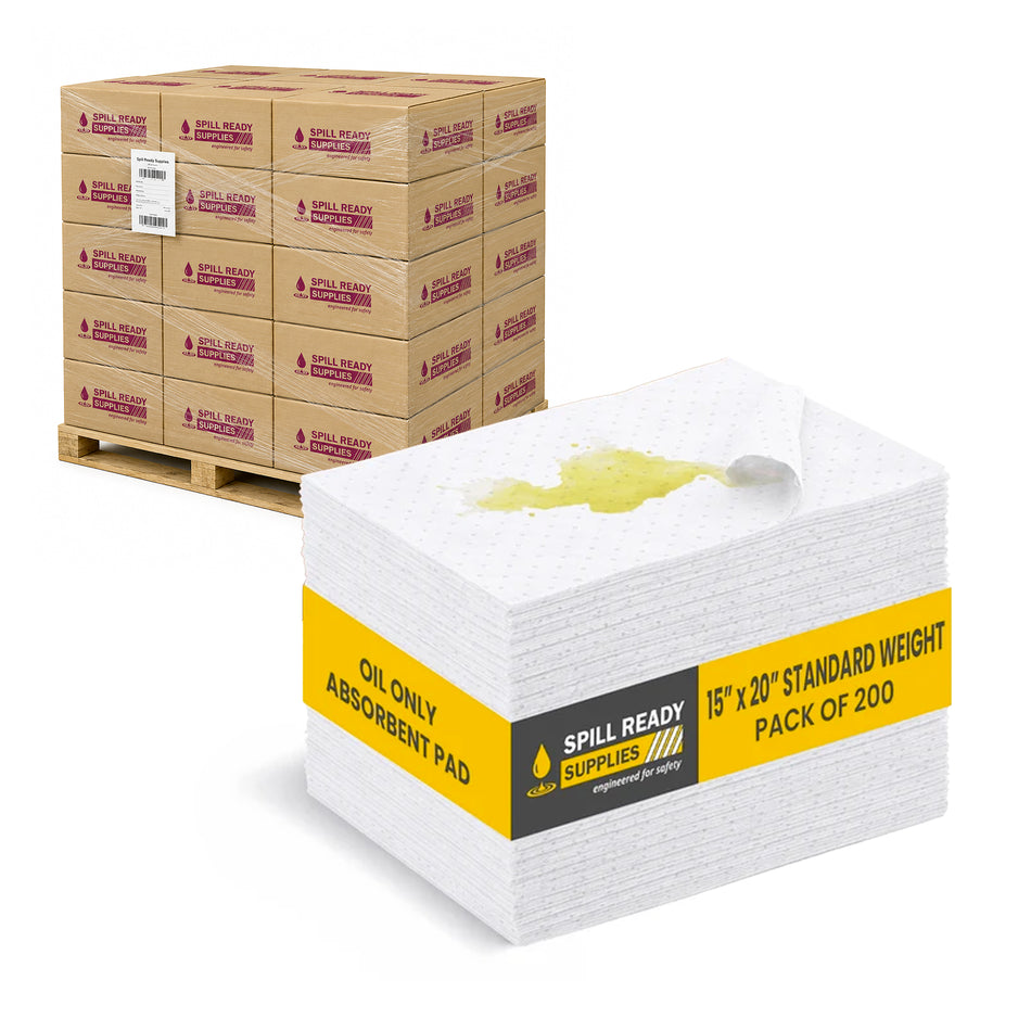 Oil-Only Absorbent Pads 15" x 20" – 20-Box Case (4,000 Pads), 2mm Standard Weight White Sorbent