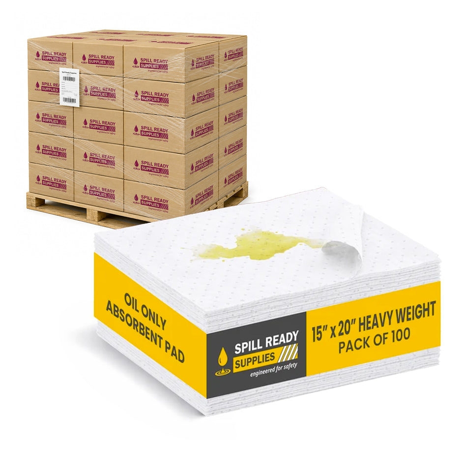 Oil-Only Absorbent Pads 15" x 20" – 20-Box Case (2,000 Pads), 3mm Heavy Weight White Sorbent