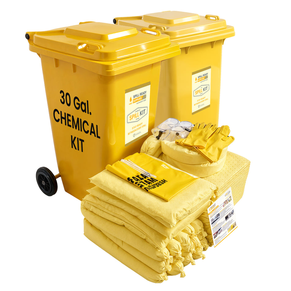 2-Pack Chemical Spill Kit Combo - 30 Gallon, Wheeled Bin, Yellow absorbents
