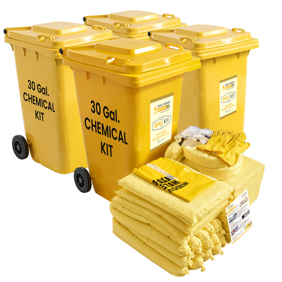 4-Pack Chemical Spill Kit Combo - 30 Gallon, Wheeled Bin, Yellow absorbents