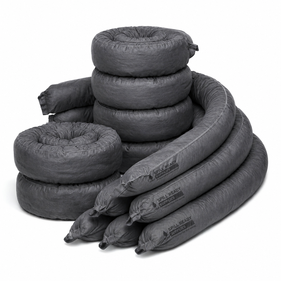Universal Absorbent Socks 3in x 4ft Set of 12 | Grey Spill Containment Socks for Oil, Water & Coolant