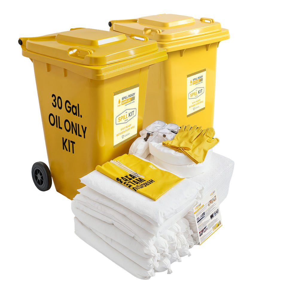 2-Pack Oil Spill Kit Combo - 30 Gallon, Wheeled Bin, White oil-only absorbents (repels water)