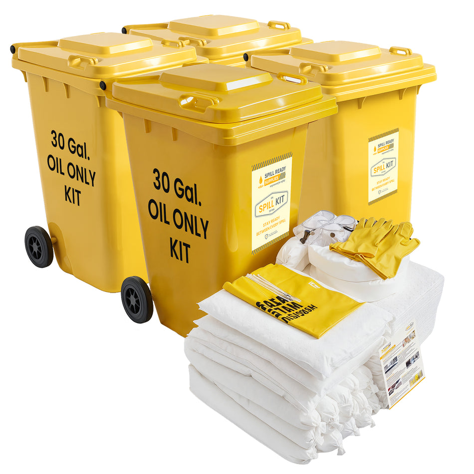 4-Pack Oil Spill Kit Combo - 30 Gallon, Wheeled Bin, White oil-only absorbents (repels water)