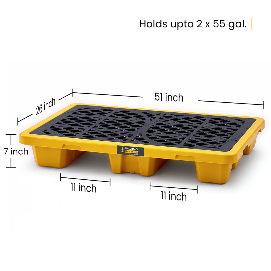 2-Drum Spill Containment Pallet, HDPE, 16 Gal. Sump Capacity, Yellow