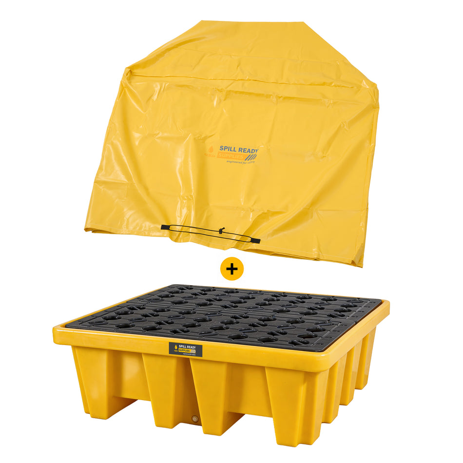 4-Drum Spill Containment Pallet with Tarp Cover Gal. Sump High-Capacity, HDPE Drum Containment, Yellow