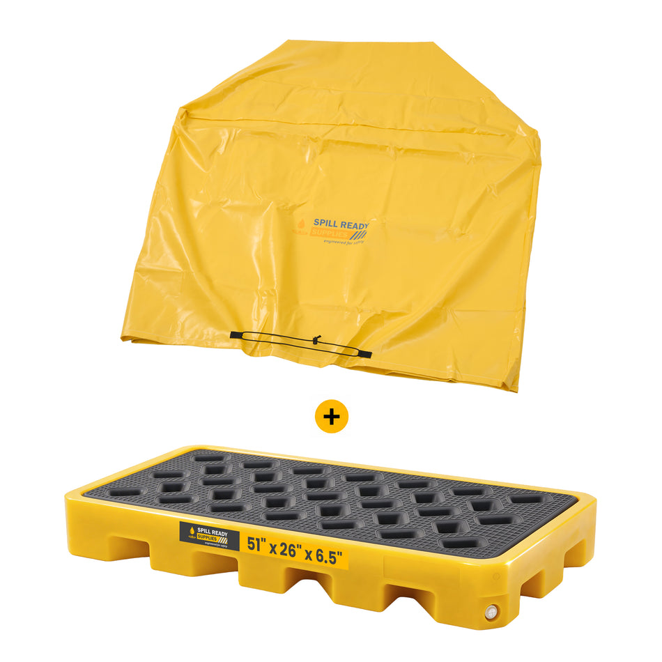 2-Drum Spill Containment Workstation with Trap Cover Combo - Low-Profile, 20 Gal Sump, HDPE, Yellow