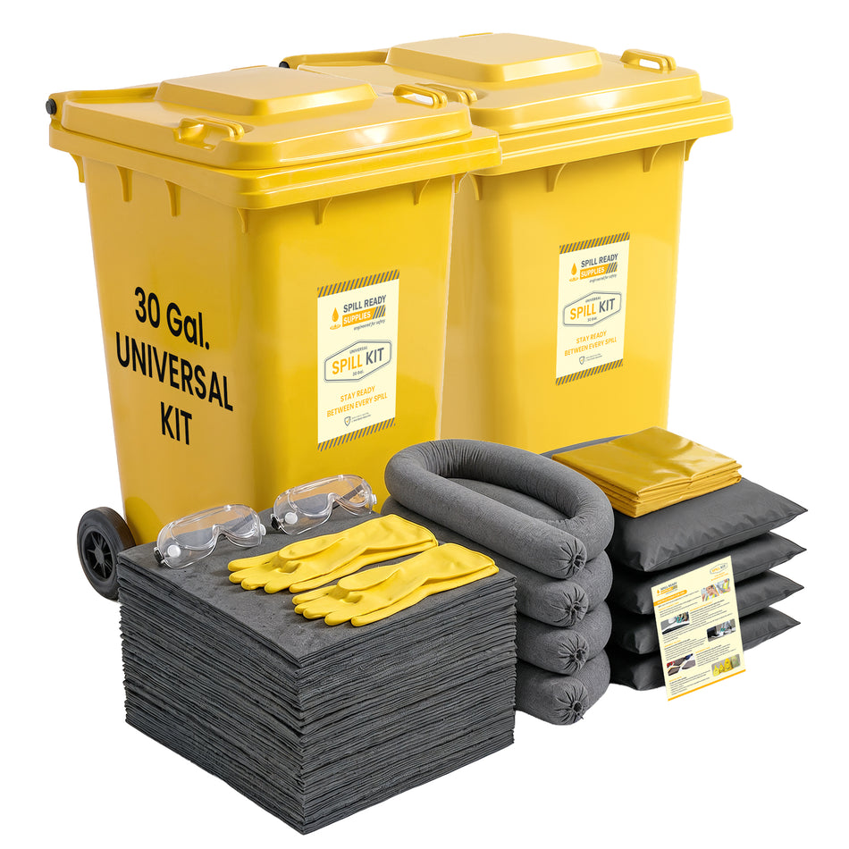 Universal Spill Kit, 30 Gallon Wheeled Bin, Grey Absorbents – 2-Pack Combo