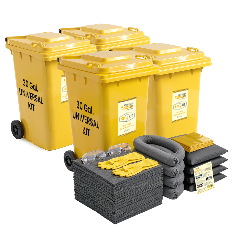 4-Pack Universal Spill Kit Combo - 30 Gallon, Wheeled Bin, Grey absorbents