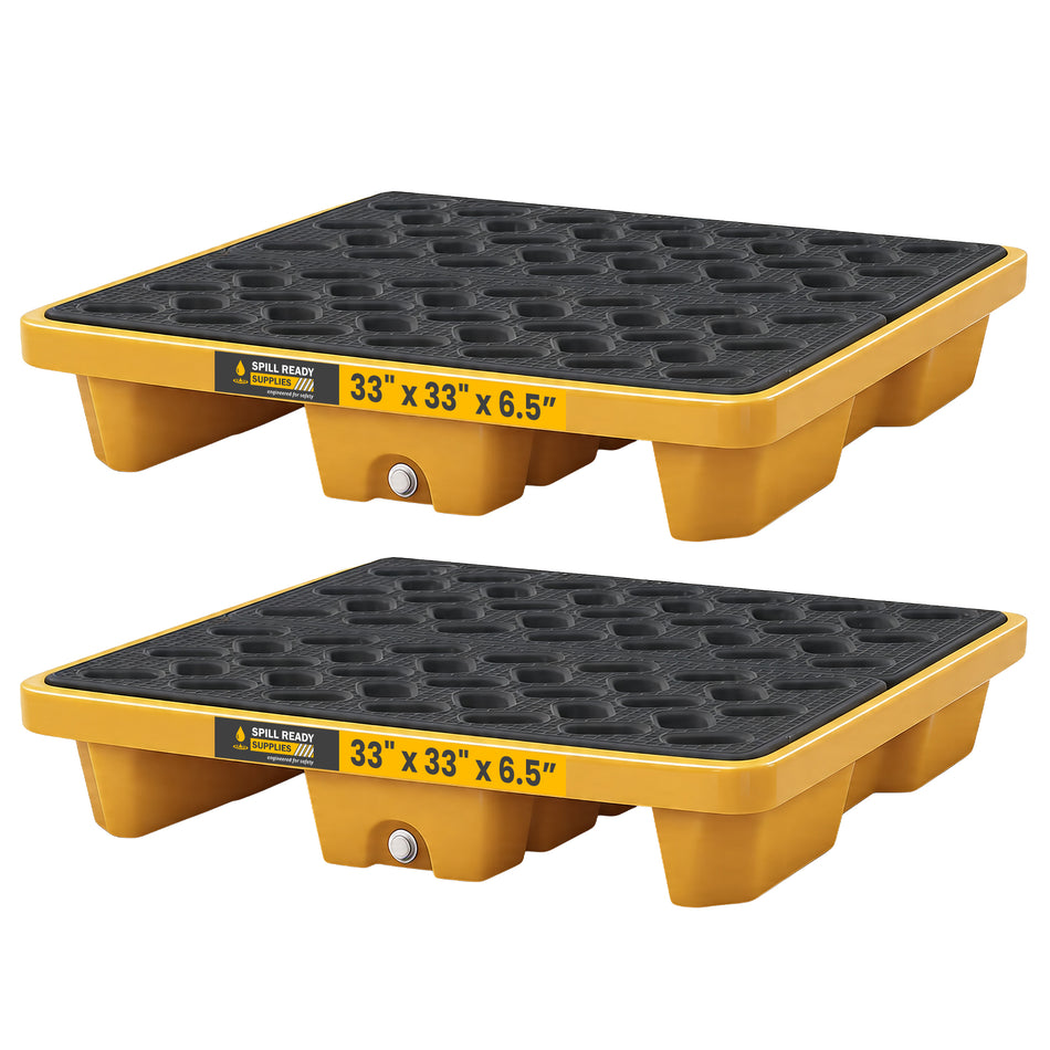 2-Pack Single-Drum Spill Containment Pallet with Forklift Pockets Combo - 33" x 33" x 6.5", HDPE, Yellow