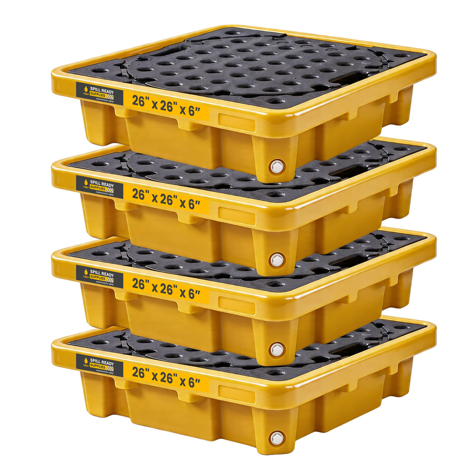 4-Pack Single-Drum Spill Containment Workstation Combo - 26" x 26" x 7", HDPE, Yellow