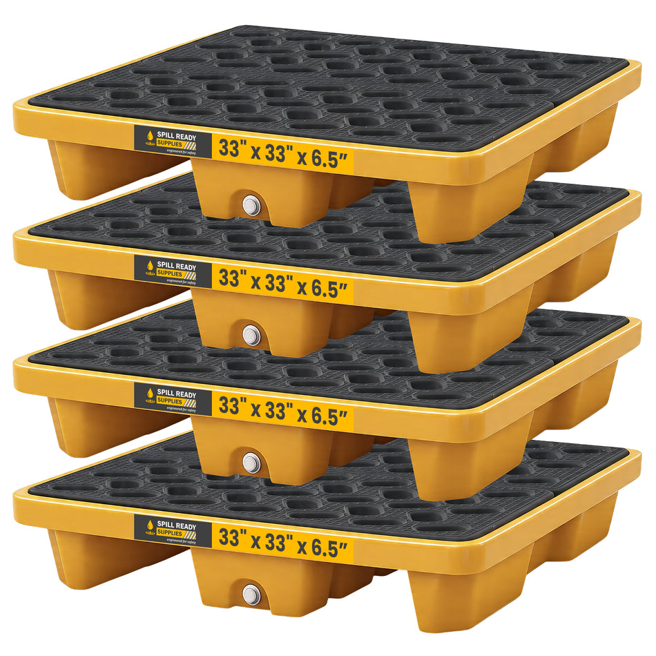 4-Pack Single-Drum Spill Pallet with Forklift Pockets Combo - 33" x 33" x 6.5", HDPE, Yellow