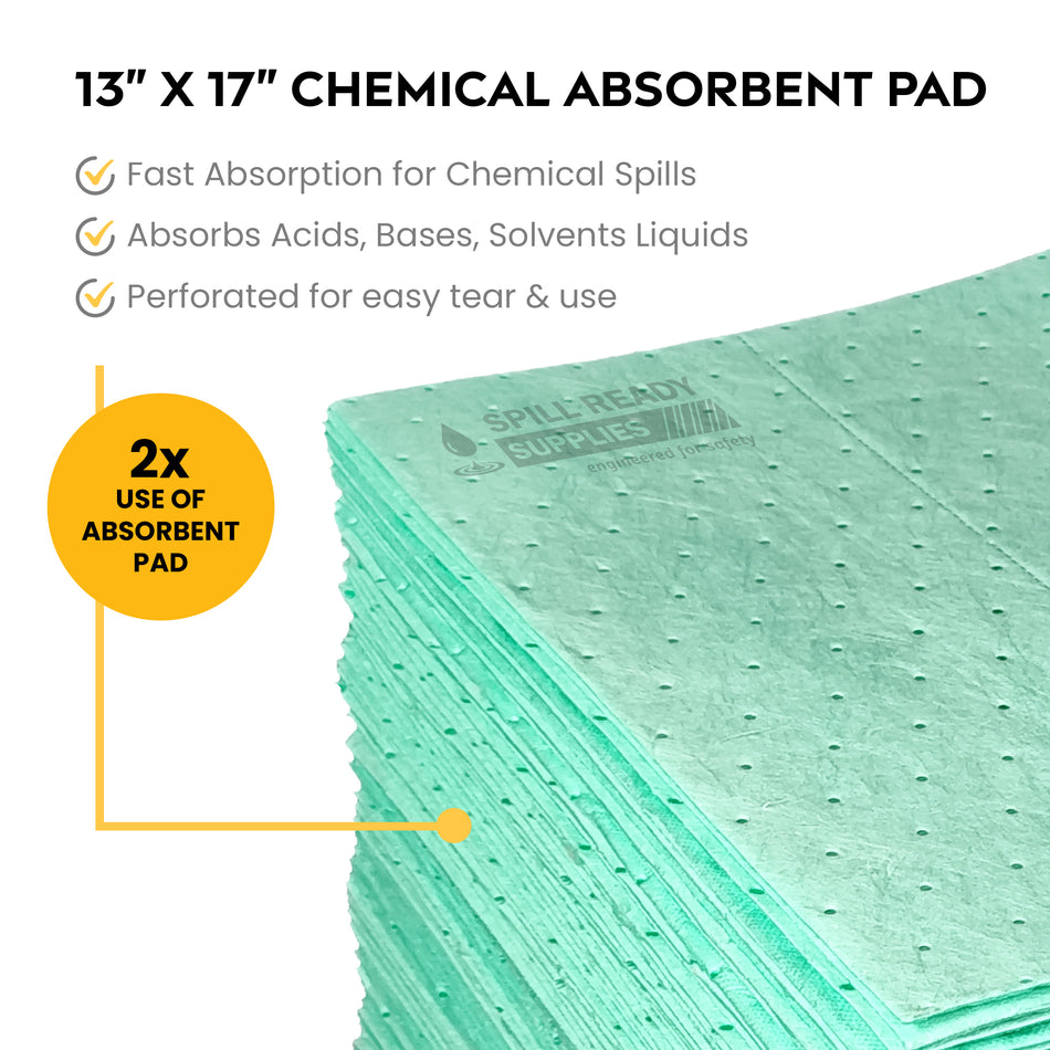 Chemical Absorbent Pads 13in x 17in 100-Pack | Green Hazmat Sorbent Pads for Acid & Chemical Spills | 4mm Heavyweight